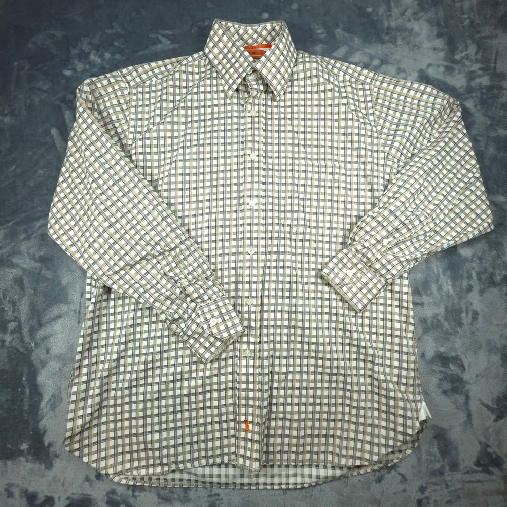 Sette Ponti Mens XL Plaid Button Down Shirt Long Sleeve Cotton White Tan Grey